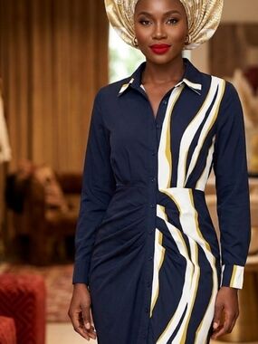 Navy Striped Wrap-Style Shirt Dress - Women's 24 inch p2p 53 inches long